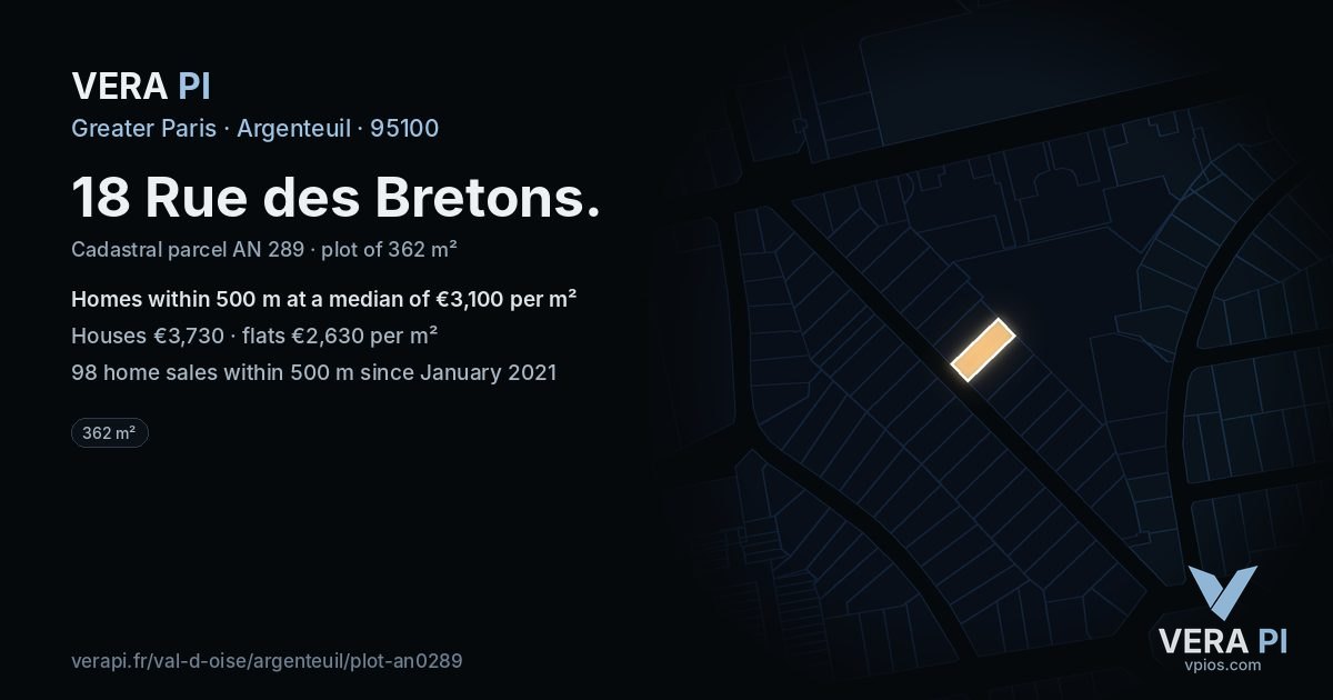 18 Rue des Bretons, Argenteuil at night – the plot lit, the parcels around coloured by the prices near them