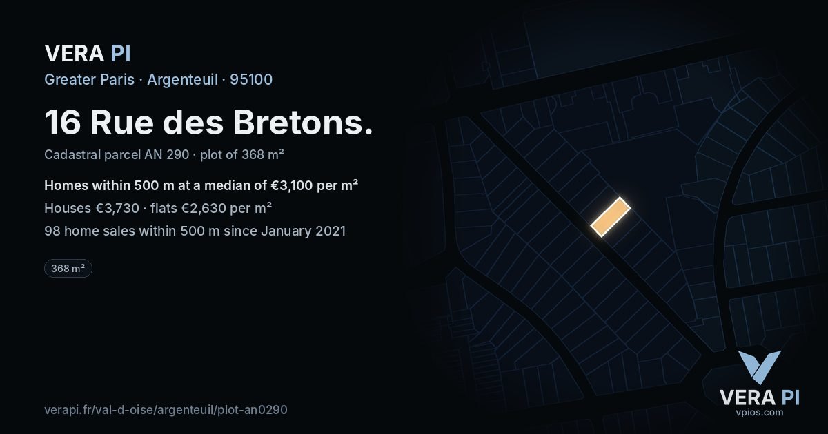 16 Rue des Bretons, Argenteuil at night – the plot lit, the parcels around coloured by the prices near them