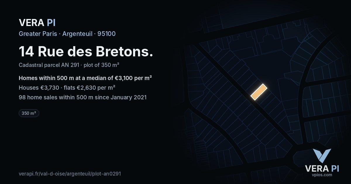 14 Rue des Bretons, Argenteuil at night – the plot lit, the parcels around coloured by the prices near them