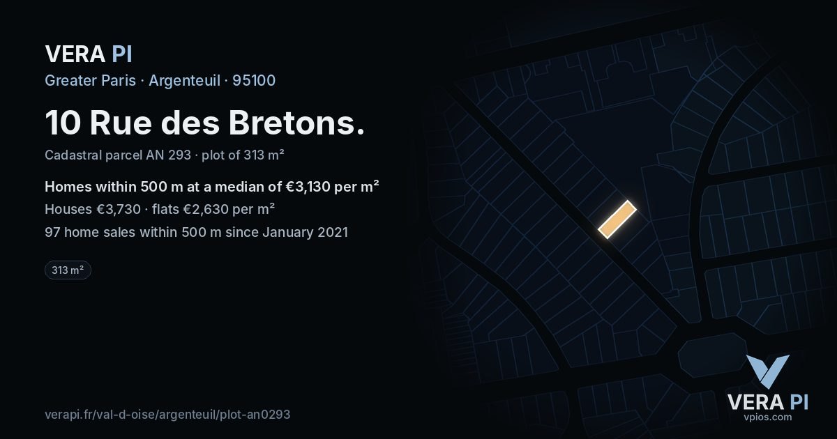 10 Rue des Bretons, Argenteuil at night – the plot lit, the parcels around coloured by the prices near them