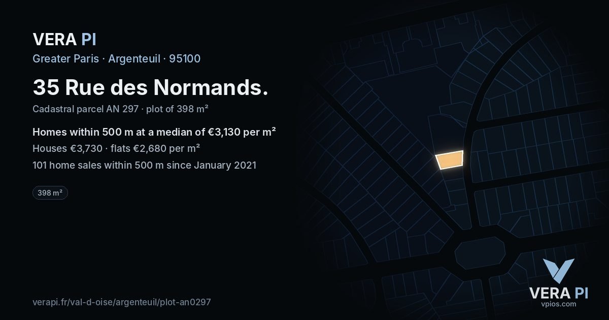 35 Rue des Normands, Argenteuil at night – the plot lit, the parcels around coloured by the prices near them
