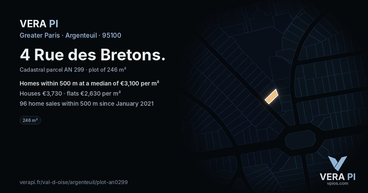 4 Rue des Bretons, Argenteuil at night – the plot lit, the parcels around coloured by the prices near them
