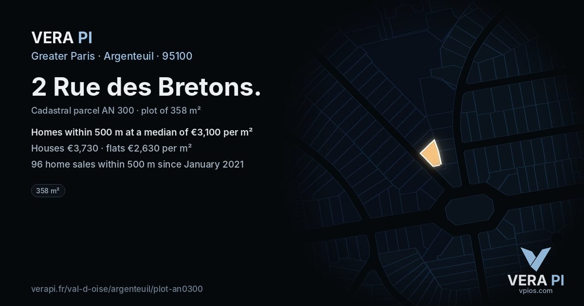 2 Rue des Bretons, Argenteuil at night – the plot lit, the parcels around coloured by the prices near them