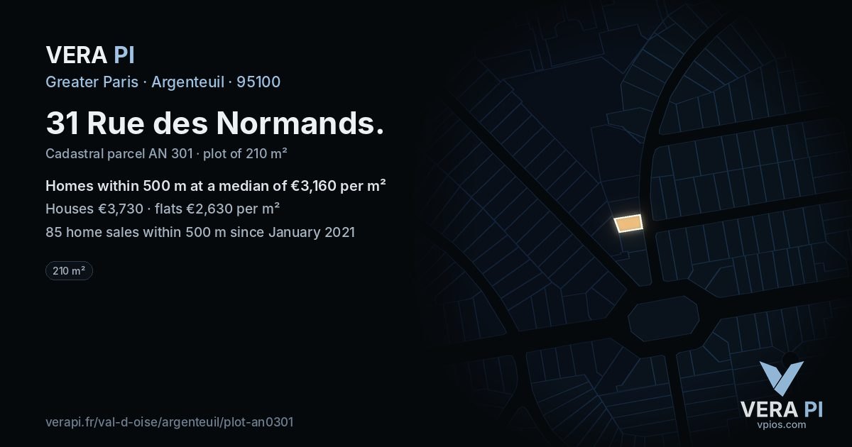 31 Rue des Normands, Argenteuil at night – the plot lit, the parcels around coloured by the prices near them