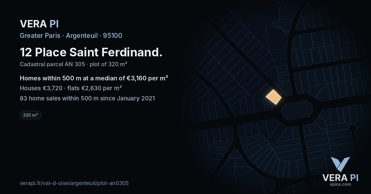 12 Place Saint Ferdinand, Argenteuil at night – the plot lit, the parcels around coloured by the prices near them