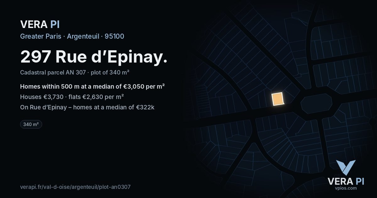 297 Rue d’Epinay, Argenteuil at night – the plot lit, the parcels around coloured by the prices near them