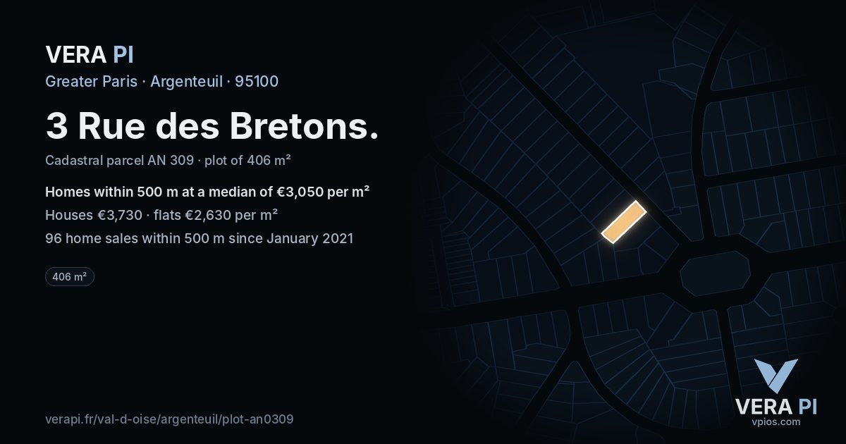 3 Rue des Bretons, Argenteuil at night – the plot lit, the parcels around coloured by the prices near them