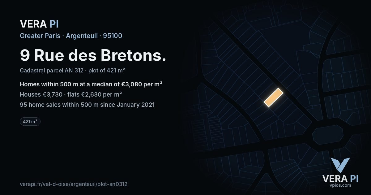 9 Rue des Bretons, Argenteuil at night – the plot lit, the parcels around coloured by the prices near them