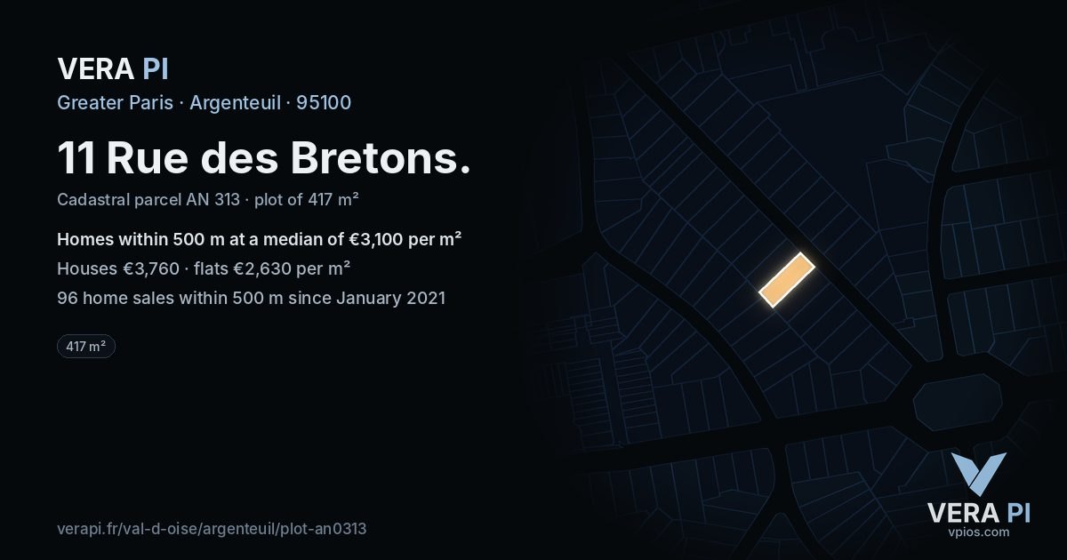 11 Rue des Bretons, Argenteuil at night – the plot lit, the parcels around coloured by the prices near them