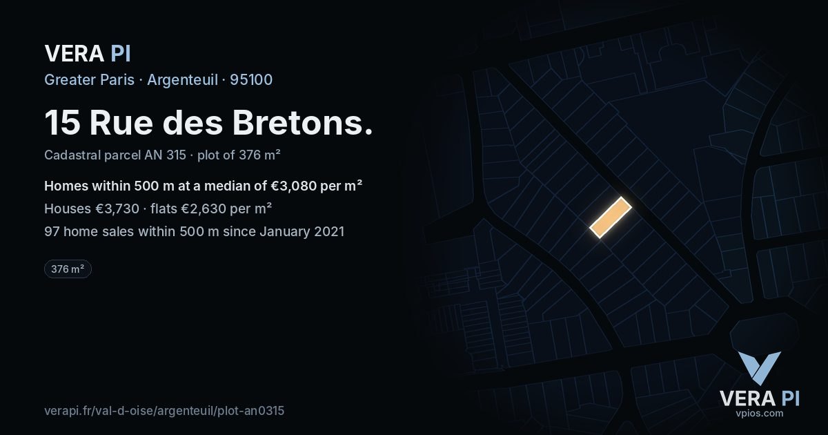 15 Rue des Bretons, Argenteuil at night – the plot lit, the parcels around coloured by the prices near them
