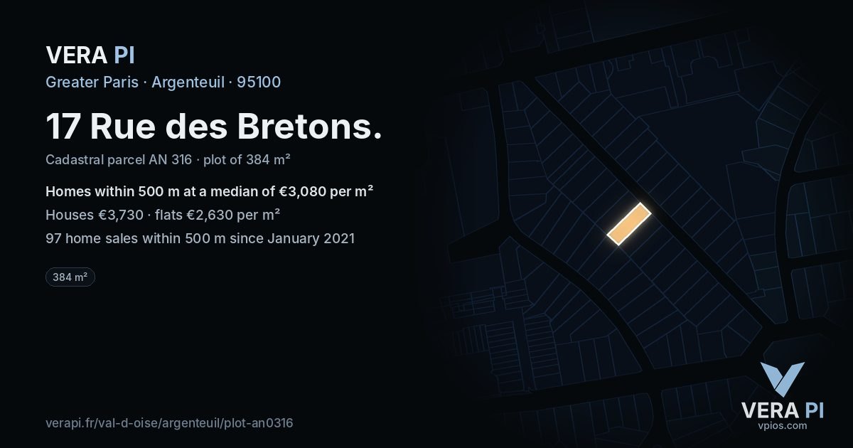 17 Rue des Bretons, Argenteuil at night – the plot lit, the parcels around coloured by the prices near them