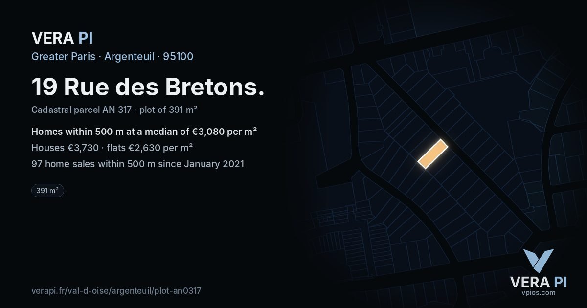 19 Rue des Bretons, Argenteuil at night – the plot lit, the parcels around coloured by the prices near them
