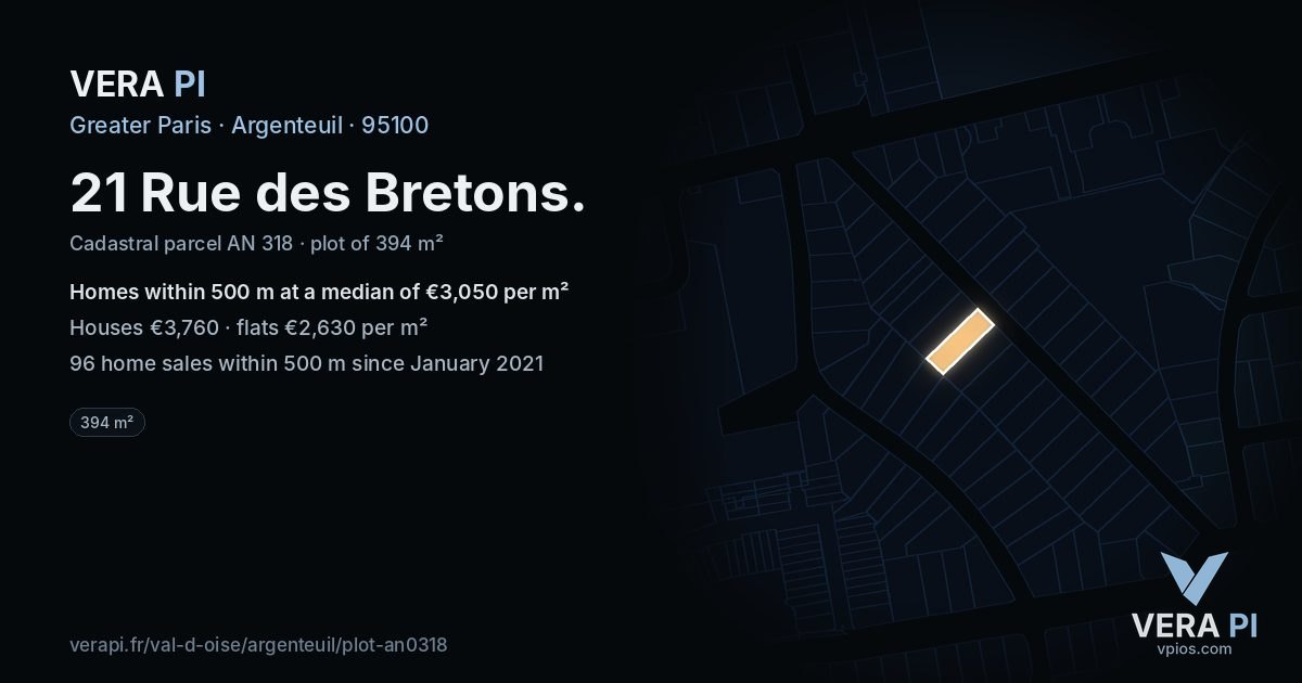 21 Rue des Bretons, Argenteuil at night – the plot lit, the parcels around coloured by the prices near them