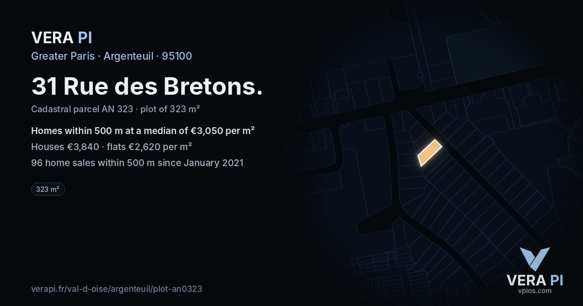 31 Rue des Bretons, Argenteuil at night – the plot lit, the parcels around coloured by the prices near them