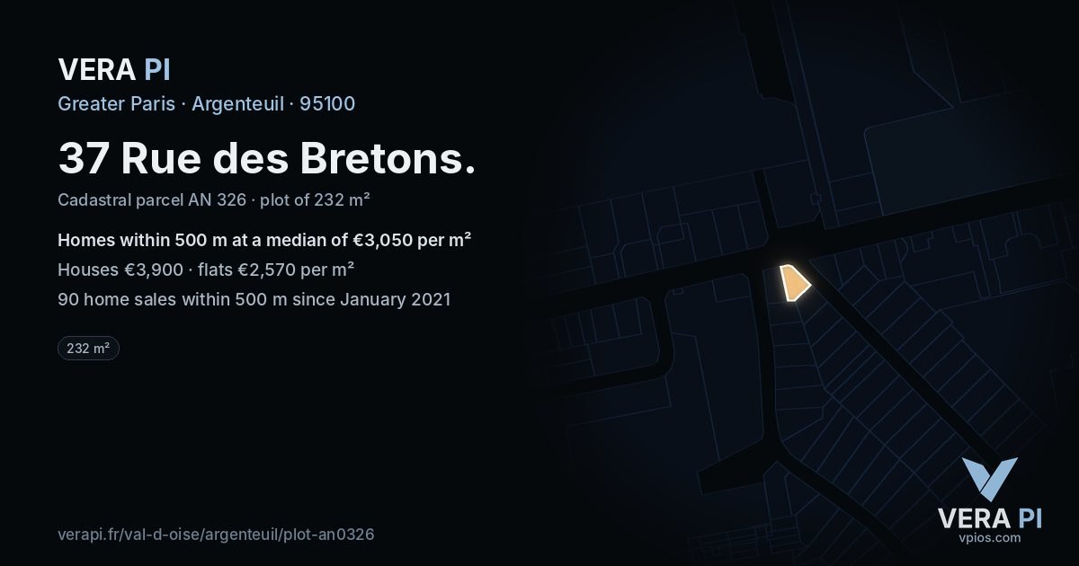 37 Rue des Bretons, Argenteuil at night – the plot lit, the parcels around coloured by the prices near them