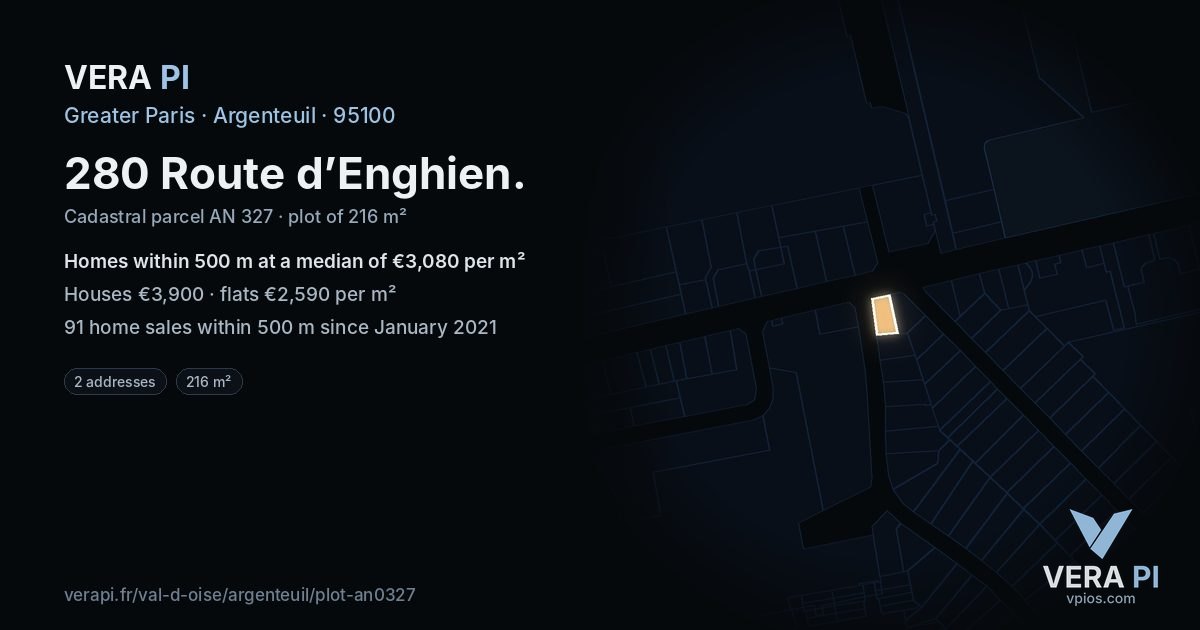 280 Route d’Enghien, Argenteuil at night – the plot lit, the parcels around coloured by the prices near them