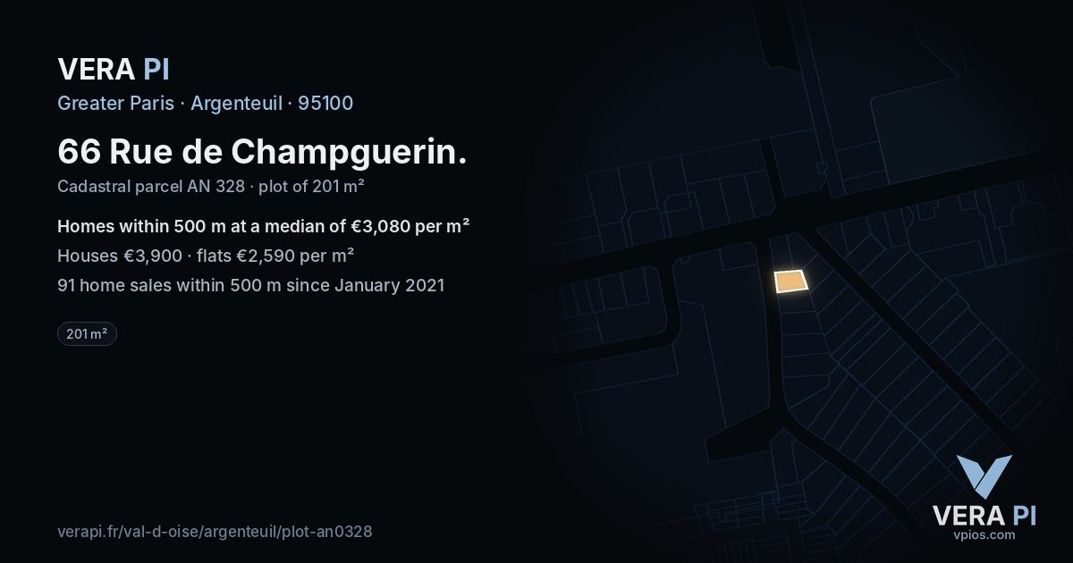 66 Rue de Champguerin, Argenteuil at night – the plot lit, the parcels around coloured by the prices near them