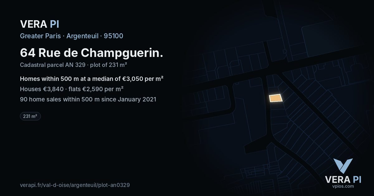64 Rue de Champguerin, Argenteuil at night – the plot lit, the parcels around coloured by the prices near them
