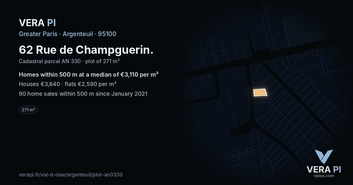 62 Rue de Champguerin, Argenteuil at night – the plot lit, the parcels around coloured by the prices near them