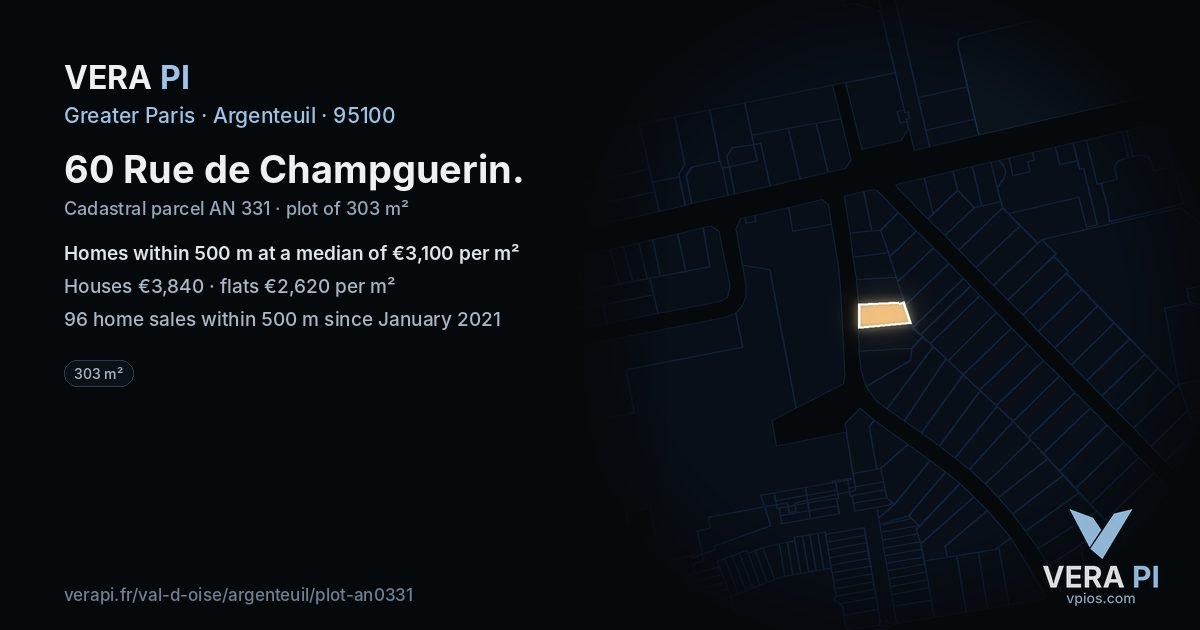 60 Rue de Champguerin, Argenteuil at night – the plot lit, the parcels around coloured by the prices near them