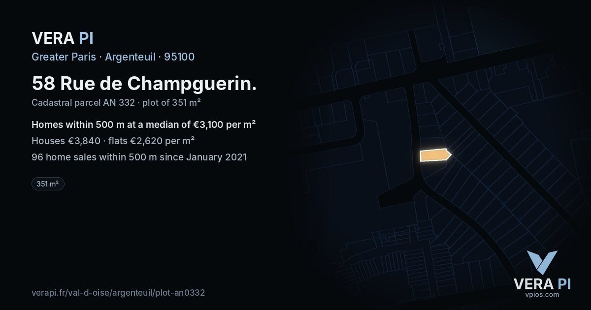 58 Rue de Champguerin, Argenteuil at night – the plot lit, the parcels around coloured by the prices near them