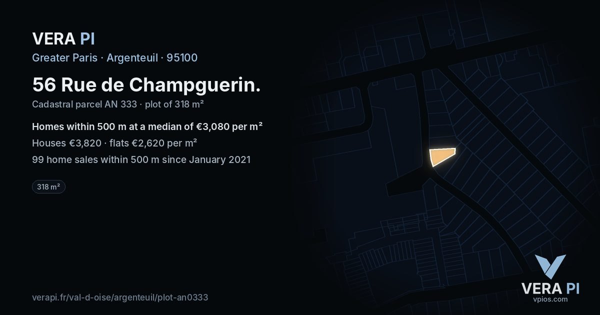56 Rue de Champguerin, Argenteuil at night – the plot lit, the parcels around coloured by the prices near them