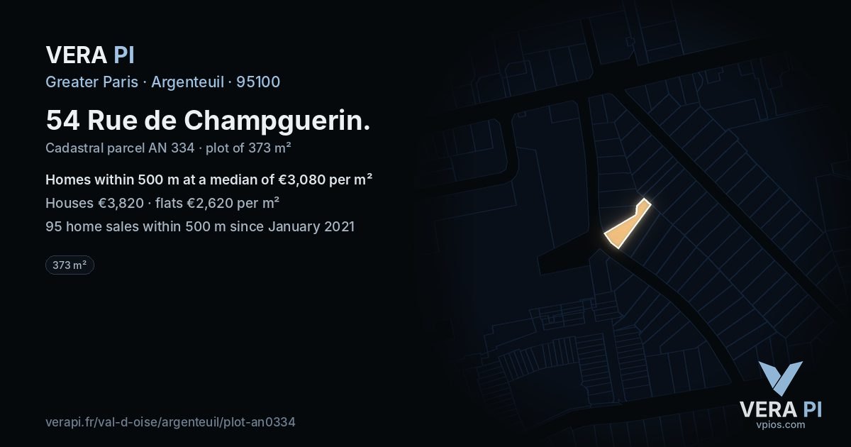 54 Rue de Champguerin, Argenteuil at night – the plot lit, the parcels around coloured by the prices near them