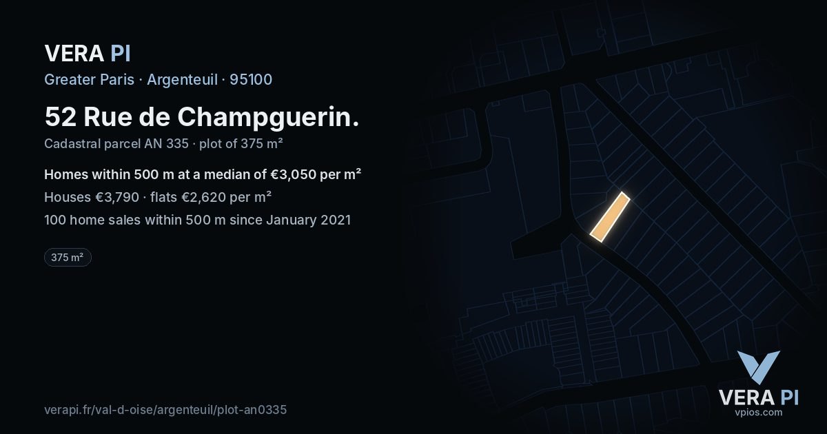 52 Rue de Champguerin, Argenteuil at night – the plot lit, the parcels around coloured by the prices near them