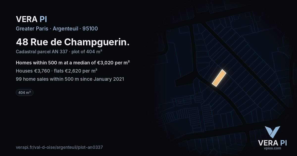48 Rue de Champguerin, Argenteuil at night – the plot lit, the parcels around coloured by the prices near them