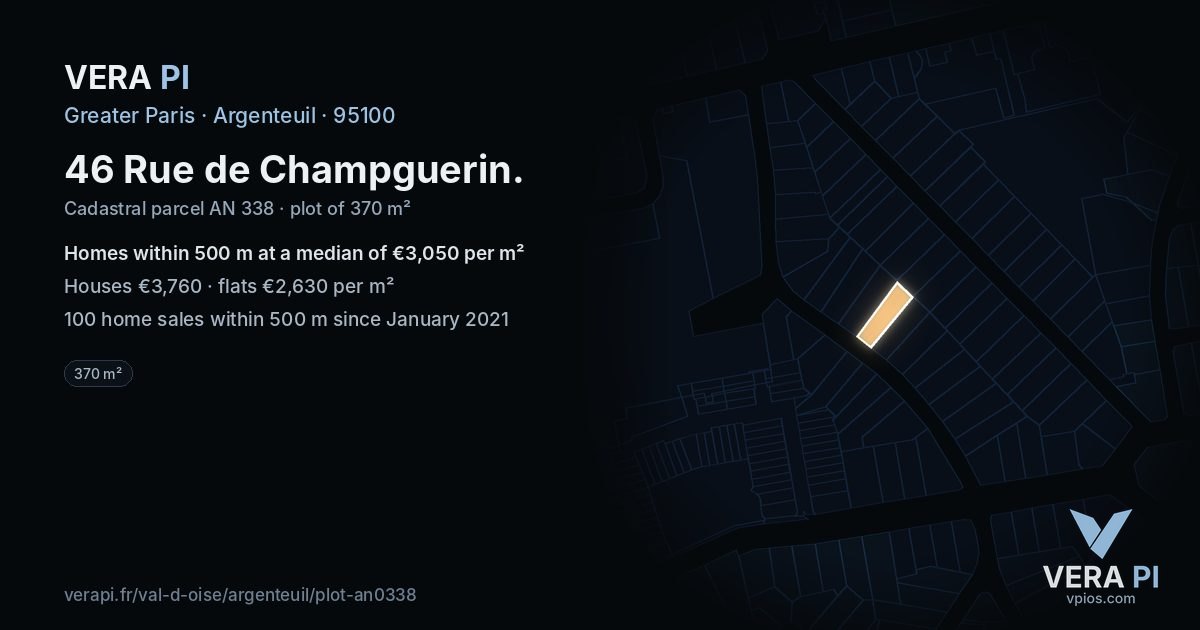 46 Rue de Champguerin, Argenteuil at night – the plot lit, the parcels around coloured by the prices near them