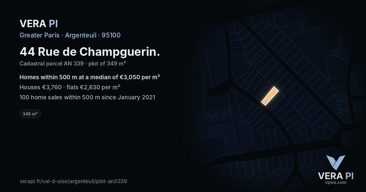 44 Rue de Champguerin, Argenteuil at night – the plot lit, the parcels around coloured by the prices near them