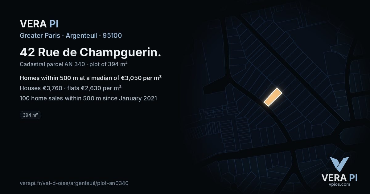 42 Rue de Champguerin, Argenteuil at night – the plot lit, the parcels around coloured by the prices near them