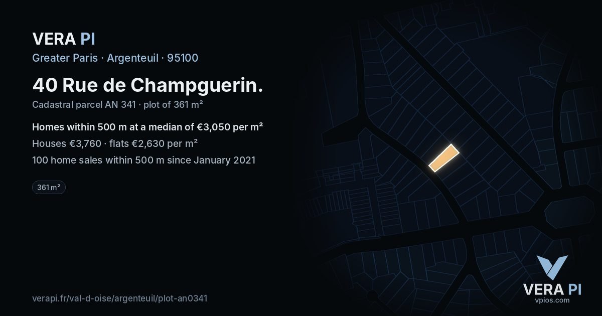 40 Rue de Champguerin, Argenteuil at night – the plot lit, the parcels around coloured by the prices near them