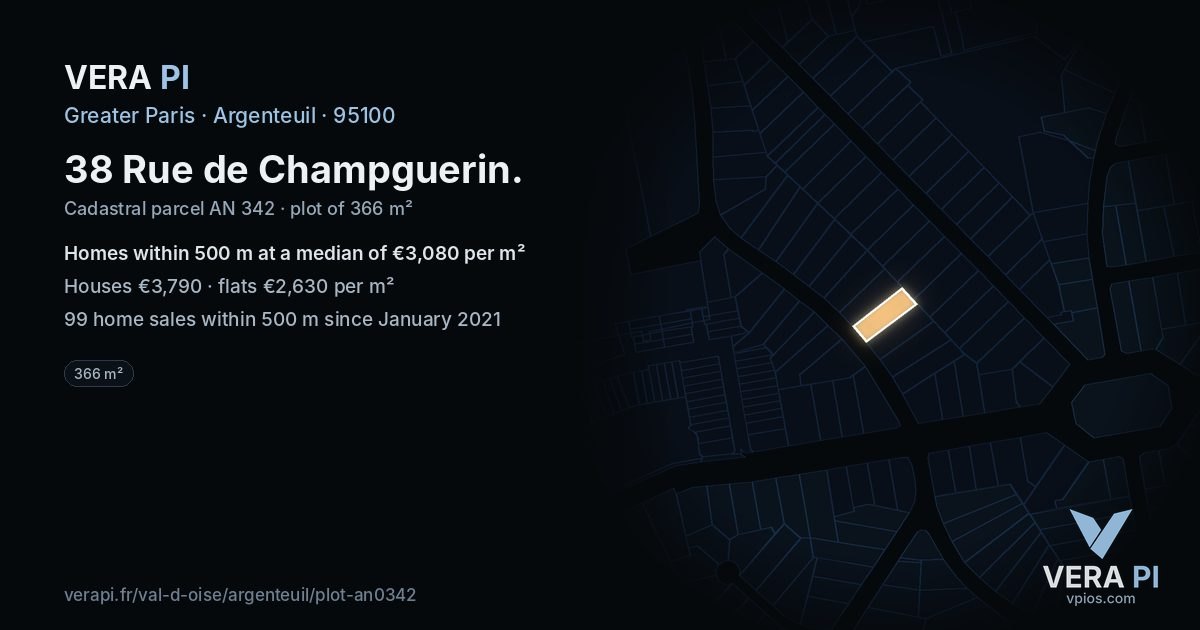 38 Rue de Champguerin, Argenteuil at night – the plot lit, the parcels around coloured by the prices near them