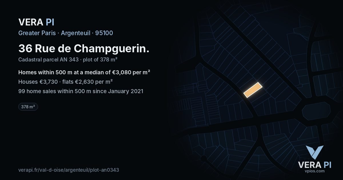 36 Rue de Champguerin, Argenteuil at night – the plot lit, the parcels around coloured by the prices near them