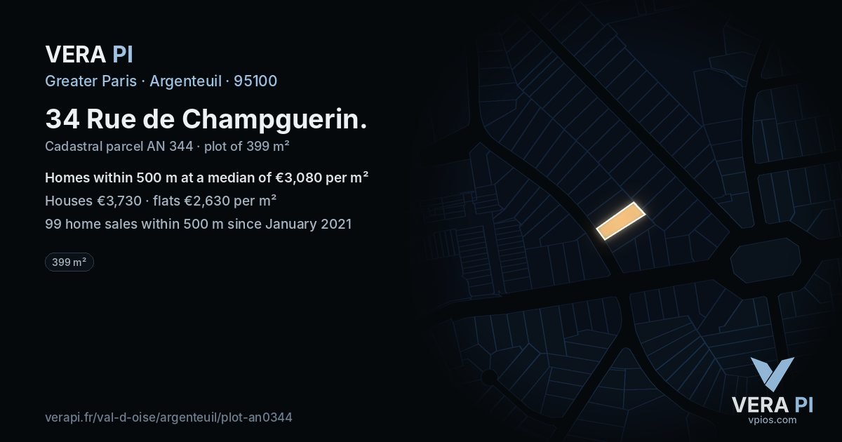 34 Rue de Champguerin, Argenteuil at night – the plot lit, the parcels around coloured by the prices near them