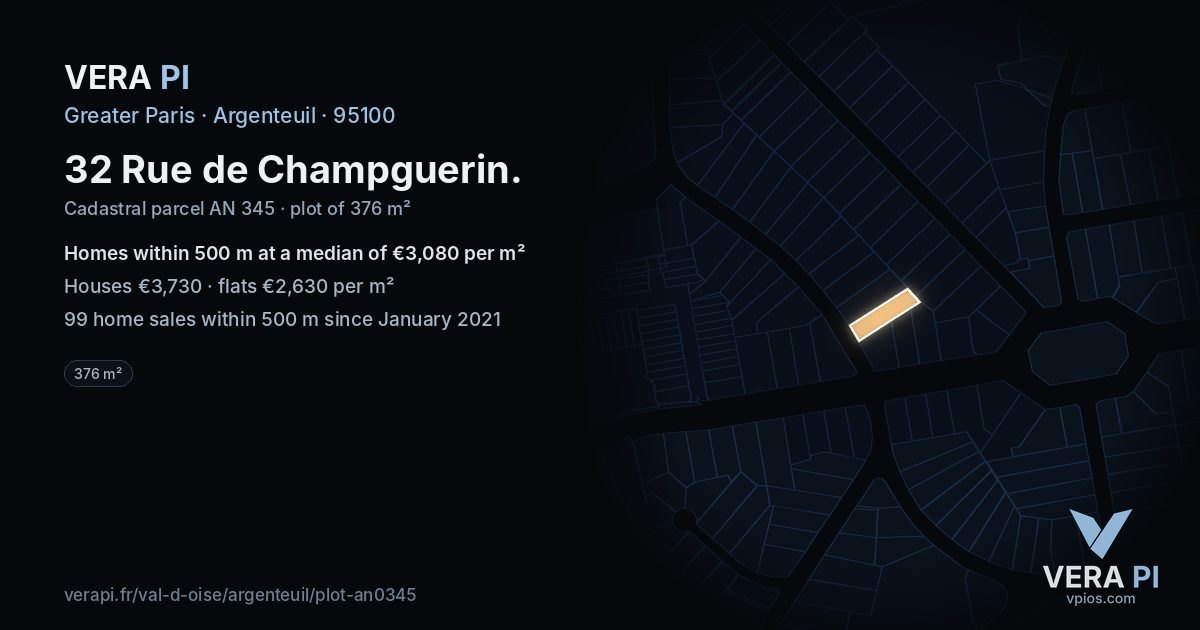 32 Rue de Champguerin, Argenteuil at night – the plot lit, the parcels around coloured by the prices near them