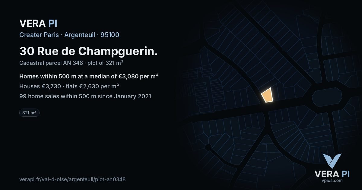 30 Rue de Champguerin, Argenteuil at night – the plot lit, the parcels around coloured by the prices near them