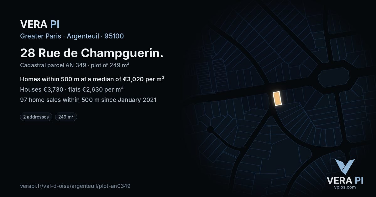 28 Rue de Champguerin, Argenteuil at night – the plot lit, the parcels around coloured by the prices near them