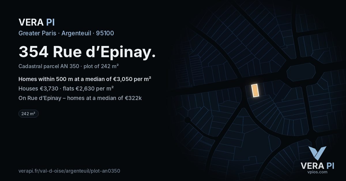 354 Rue d’Epinay, Argenteuil at night – the plot lit, the parcels around coloured by the prices near them