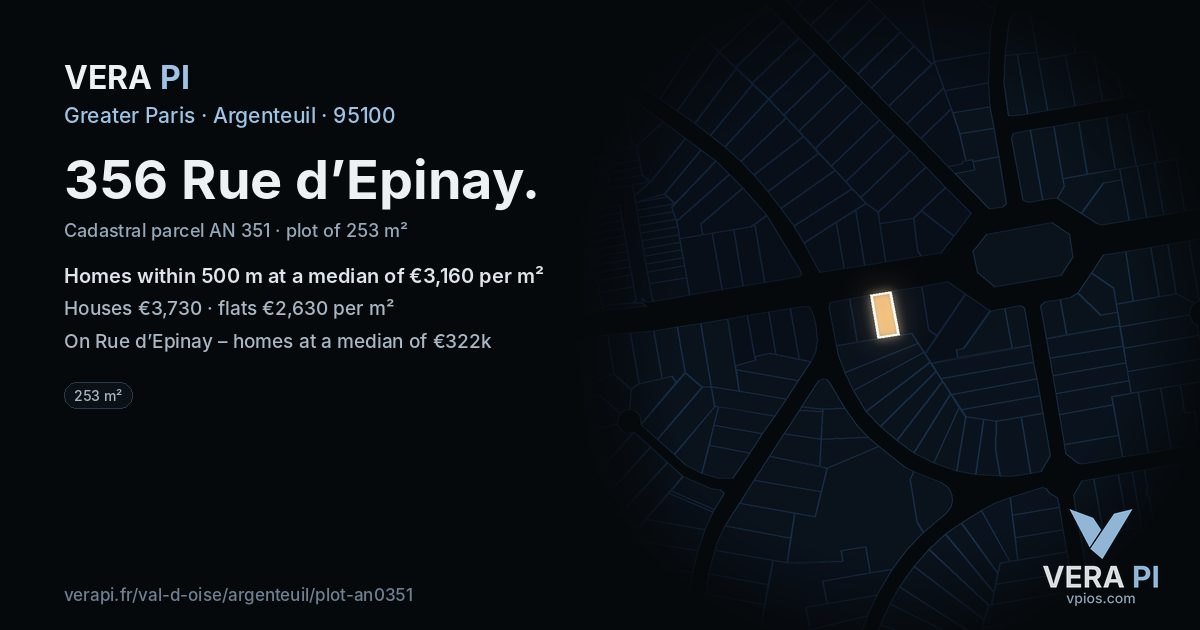 356 Rue d’Epinay, Argenteuil at night – the plot lit, the parcels around coloured by the prices near them