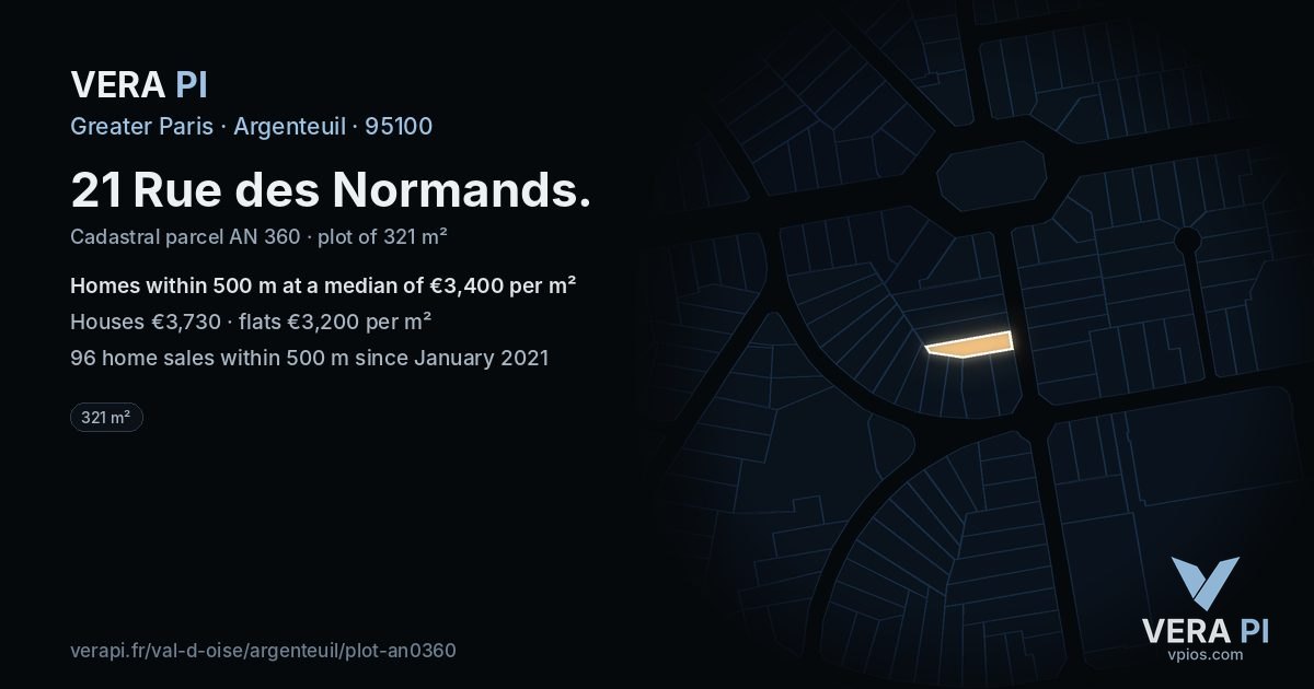 21 Rue des Normands, Argenteuil at night – the plot lit, the parcels around coloured by the prices near them