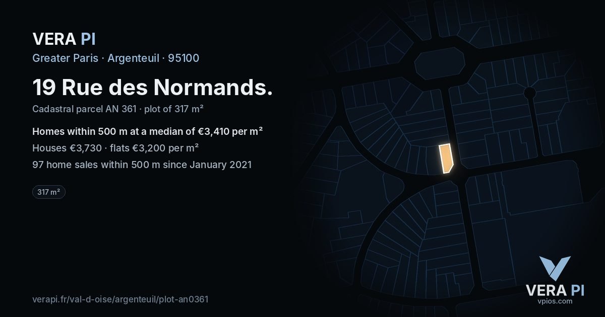 19 Rue des Normands, Argenteuil at night – the plot lit, the parcels around coloured by the prices near them