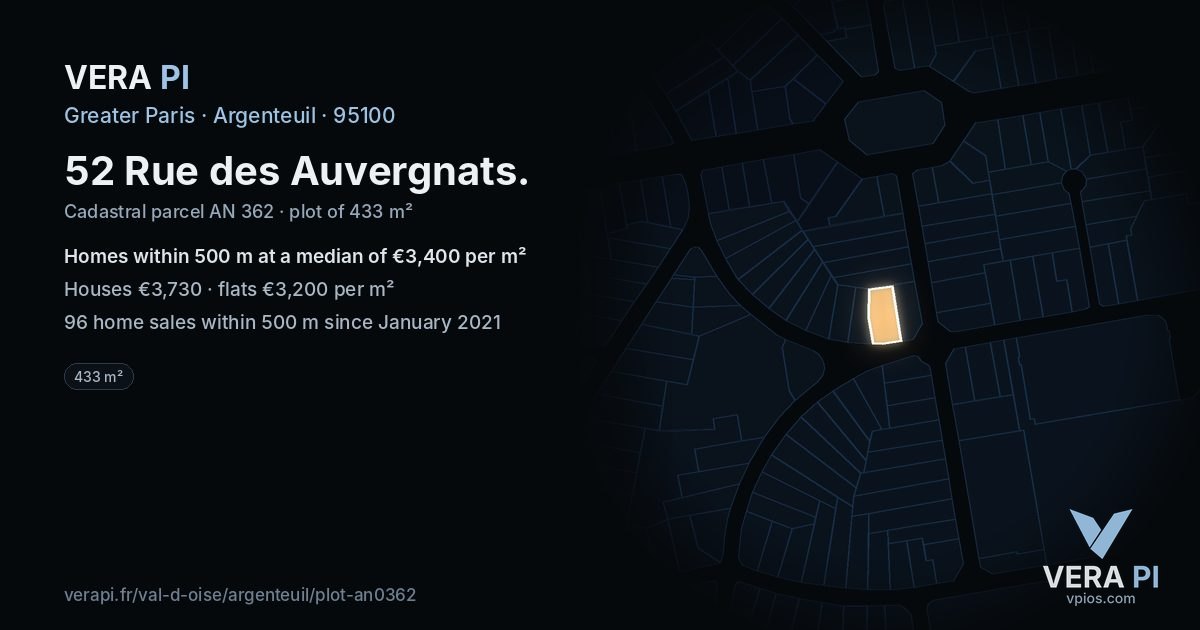 52 Rue des Auvergnats, Argenteuil at night – the plot lit, the parcels around coloured by the prices near them