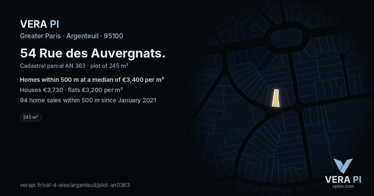 54 Rue des Auvergnats, Argenteuil at night – the plot lit, the parcels around coloured by the prices near them
