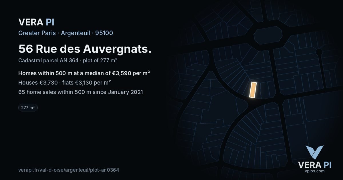 56 Rue des Auvergnats, Argenteuil at night – the plot lit, the parcels around coloured by the prices near them