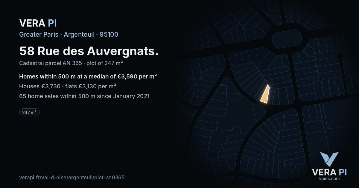 58 Rue des Auvergnats, Argenteuil at night – the plot lit, the parcels around coloured by the prices near them