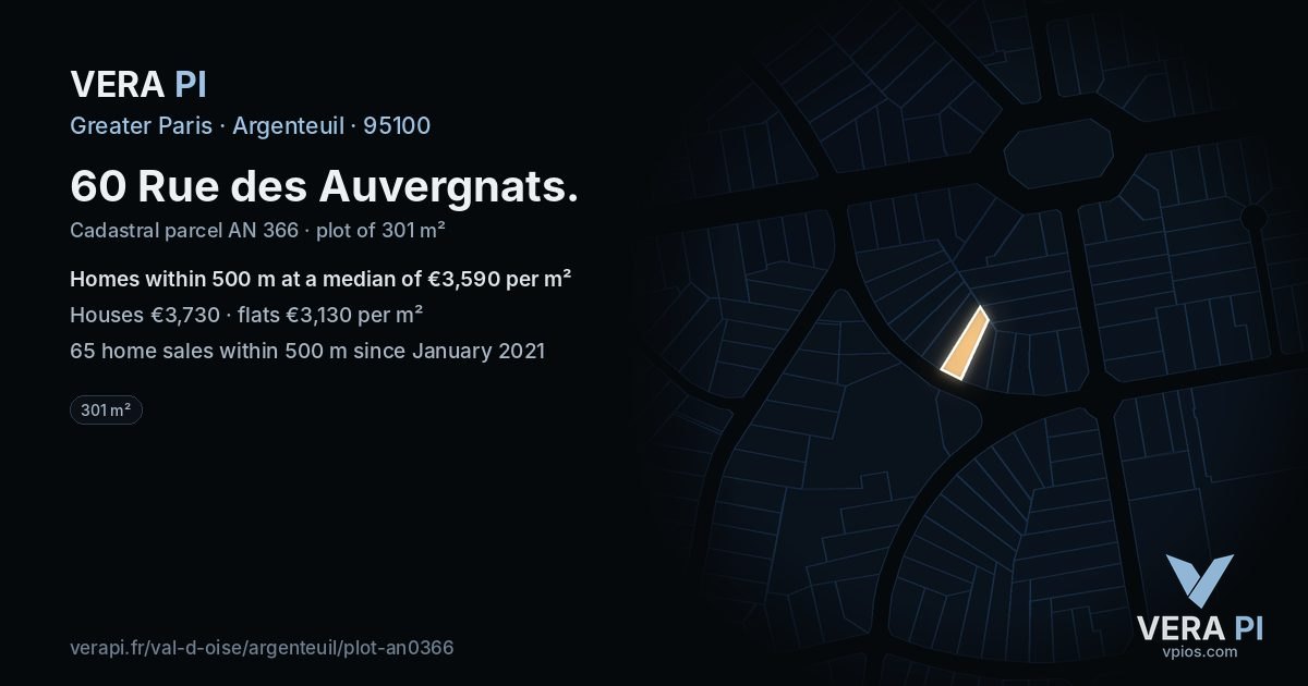 60 Rue des Auvergnats, Argenteuil at night – the plot lit, the parcels around coloured by the prices near them
