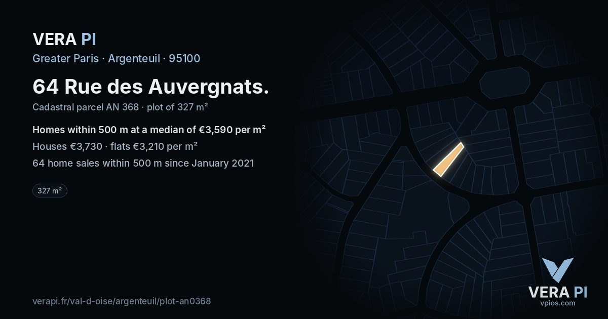 64 Rue des Auvergnats, Argenteuil at night – the plot lit, the parcels around coloured by the prices near them