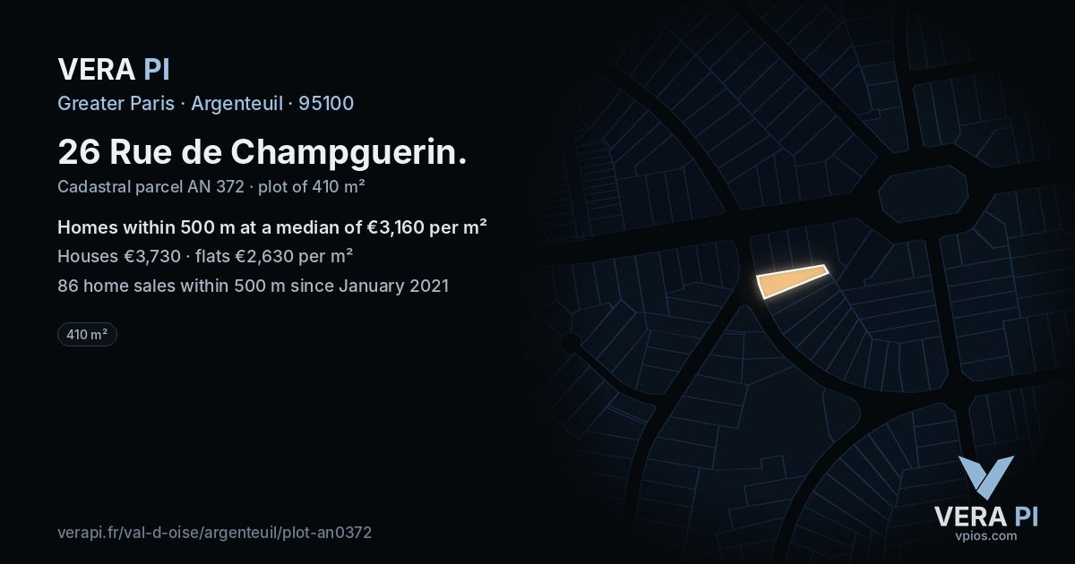 26 Rue de Champguerin, Argenteuil at night – the plot lit, the parcels around coloured by the prices near them